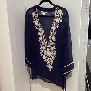 Ella Moss Sheer Navy Tunic with Cream Embroidery